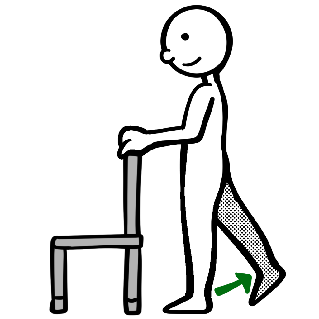 立った状態で後ろに足を上げる練習をしている人のイラストです。無料フリーイラスト素材なので誰でも使えます。介護予防やロコモ体操に最適です。(Raisehindlegs illustration)